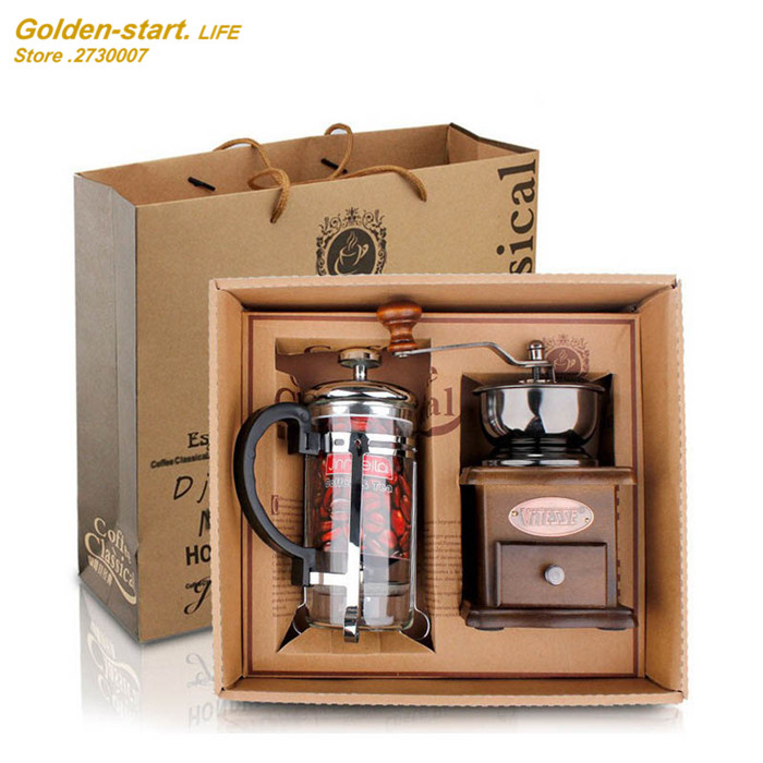 Coffee equipment coffee grinder + coffee pressure pot Manual coffee Bean grinding machine Gift Box 1 set